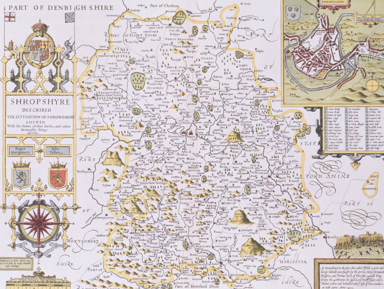 Shropshyre ، منقوش بواسطة Jodocus Hondius (1563-1612) من "مسرح إمبراطورية بريطانيا العظمى" ، جون. بواسطة John Sudbury و George Humble ، 1611-12 (نقش نحاسي ملون باليد) بواسطة جون سبيد