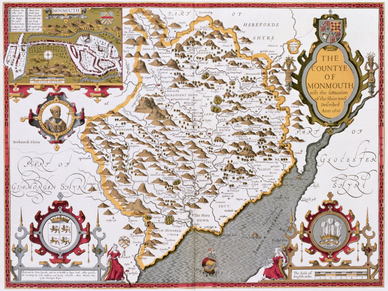 مقاطعة مونموث ، نقشها جودوكوس هونديوس (1563-1612) من "مسرح إمبراطورية بريطانيا العظمى" ، جون. بقلم جون سودبوري وجورج همبل ، 1611-12 (نقش نحاسي ملون باليد بواسطة جون سبيد