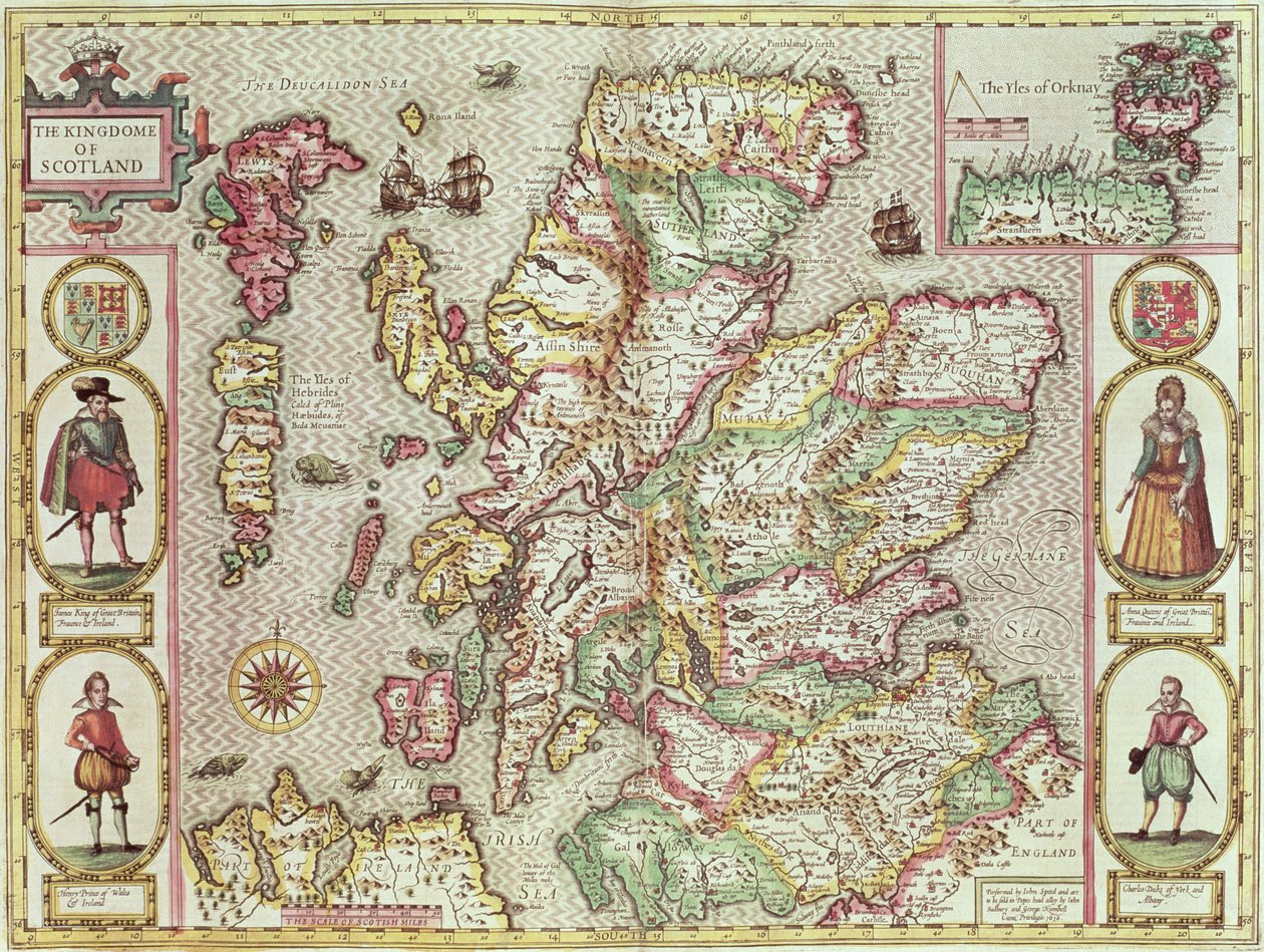 ال Kingdome of Scotland ، محفورة بواسطة Jodocus Hondius (1563-1612) من "مسرح إمبراطورية بريطانيا العظمى" ، الحانة. بواسطة جون سودبوري وجورج همبل ، 1611-12 (نقش نحاسي ملون باليد) بواسطة جون سبيد