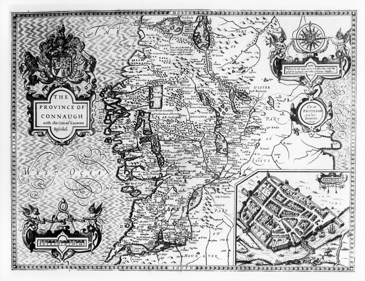 مقاطعة كونوت مع مدينة غالواي موصوفة ، نقشها جودوكوس هونديوس (1563-1612) ، من "مسرح إمبراطورية بريطانيا العظمى" ، الحانة. بقلم جون سودبوري وجورج همبل ، 1611-12 (en بواسطة جون سبيد