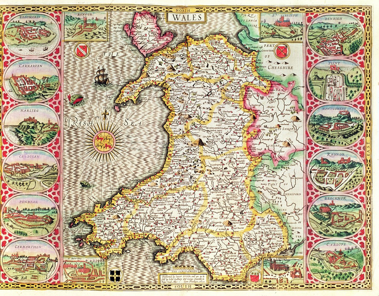 ويلز ، نقشها جودوكوس هونديوس (1563-1612) من "مسرح إمبراطورية بريطانيا العظمى" لجون سبيد ، نشره جون سودبوري وجورج هامبل ، 1611-12 (نقش نحاسي ملون باليد) بواسطة جون سبيد