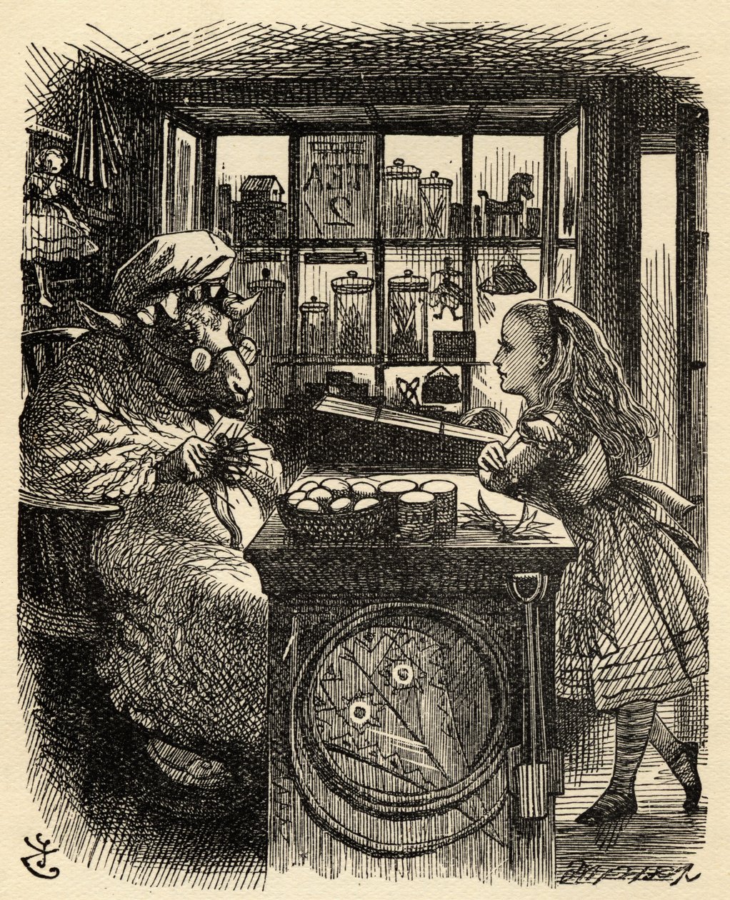 أليس وأغنام الحياكة ، رسم توضيحي من "من خلال المرآة" بقلم لويس كارول (1832-1898) نشر لأول مرة عام 1871 بواسطة جون تينيل