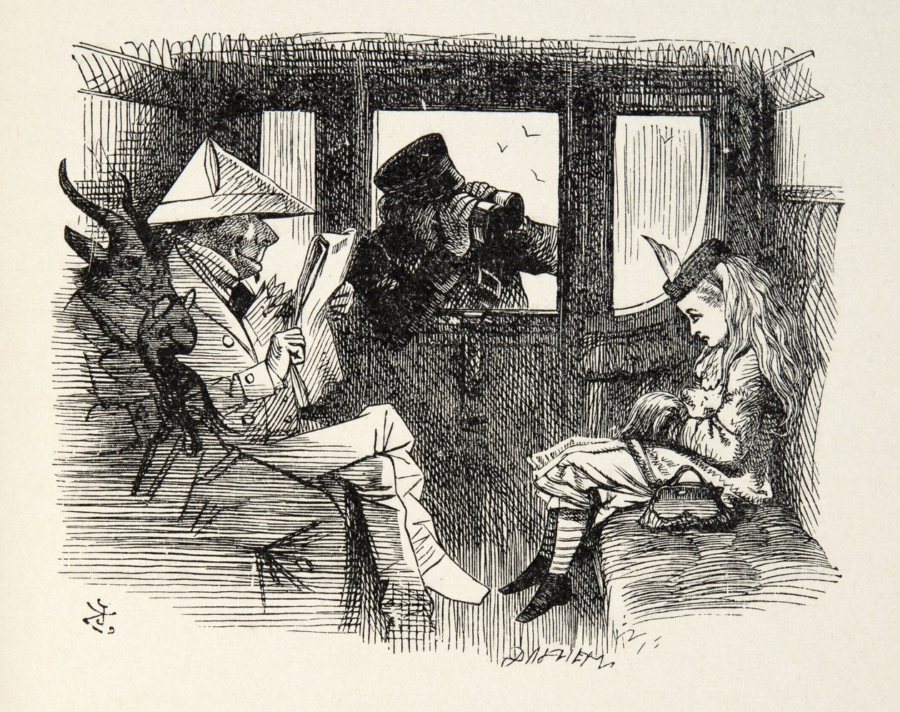 أليس في عربة القطار ، رسم توضيحي من خلال المرآة من لويس كارول (1832-98) ، 1872 بواسطة جون تينيل