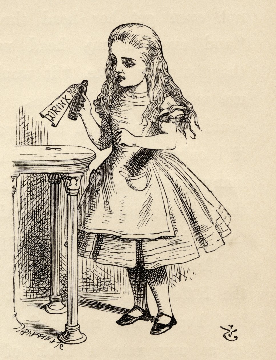 أليس تبحث في زجاجة Drink Me ، من "Alice&39;s Adventures in Wonderland" بقلم لويس كارول ، نُشر عام 1891 بواسطة جون تينيل