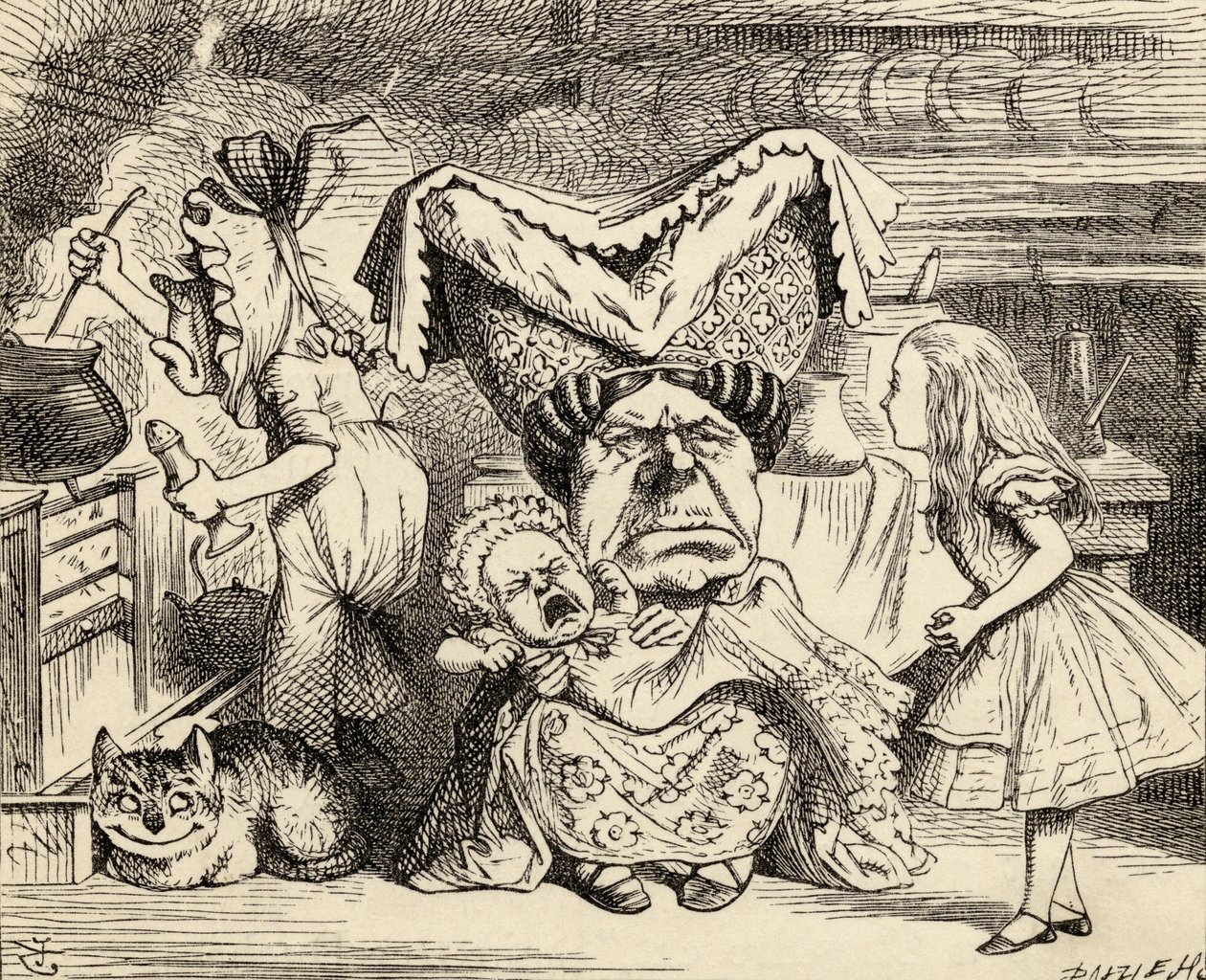 الدوقة مع عائلتها ، من "مغامرات أليس في بلاد العجائب" بقلم لويس كارول ، تم نشرها عام 1891 بواسطة جون تينيل