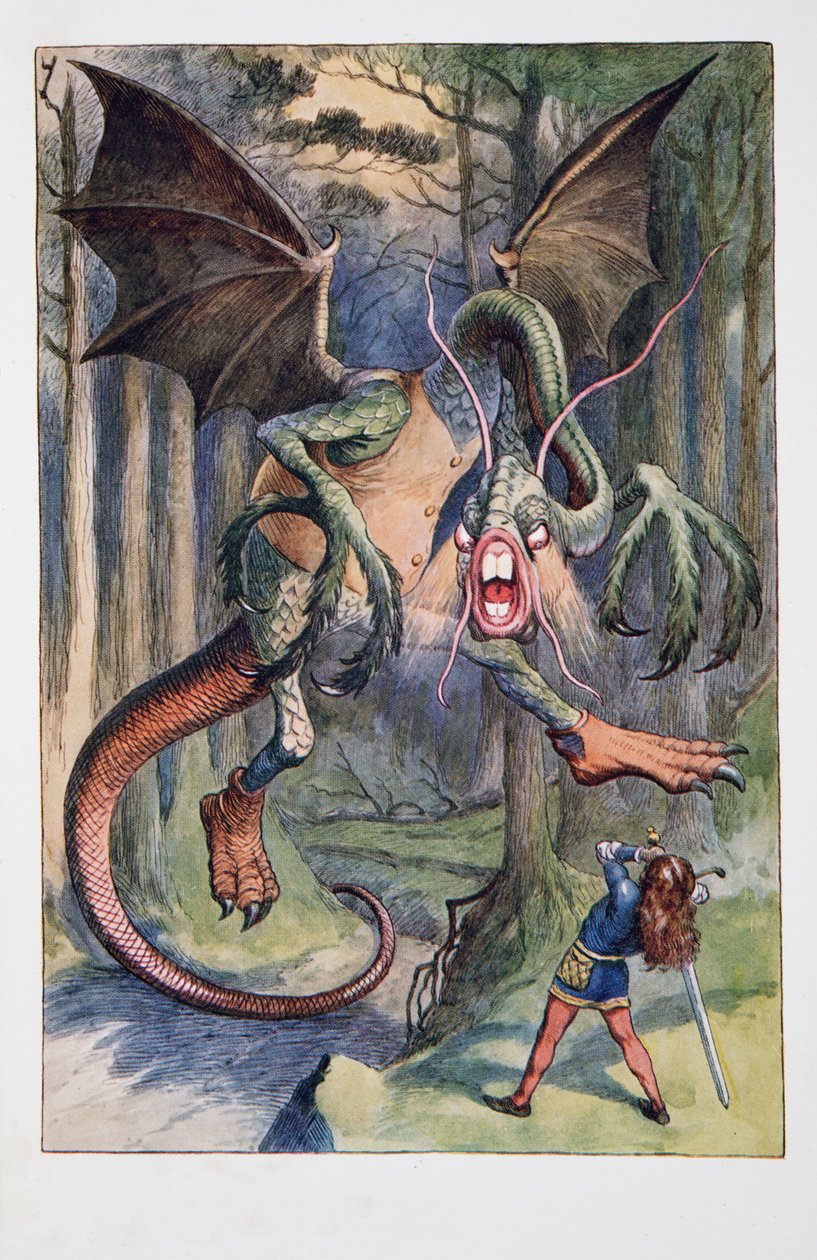 جاء Jaberwock ، بعيون اللهب ، وهو يتنقل من خلال Tulgey Wood ، Alices Adventures in Wonderland وعبر المرآة وماذا وجدت أليس هناك ، بقلم لويس كارول (1832-98) ، publis بواسطة جون تينيل