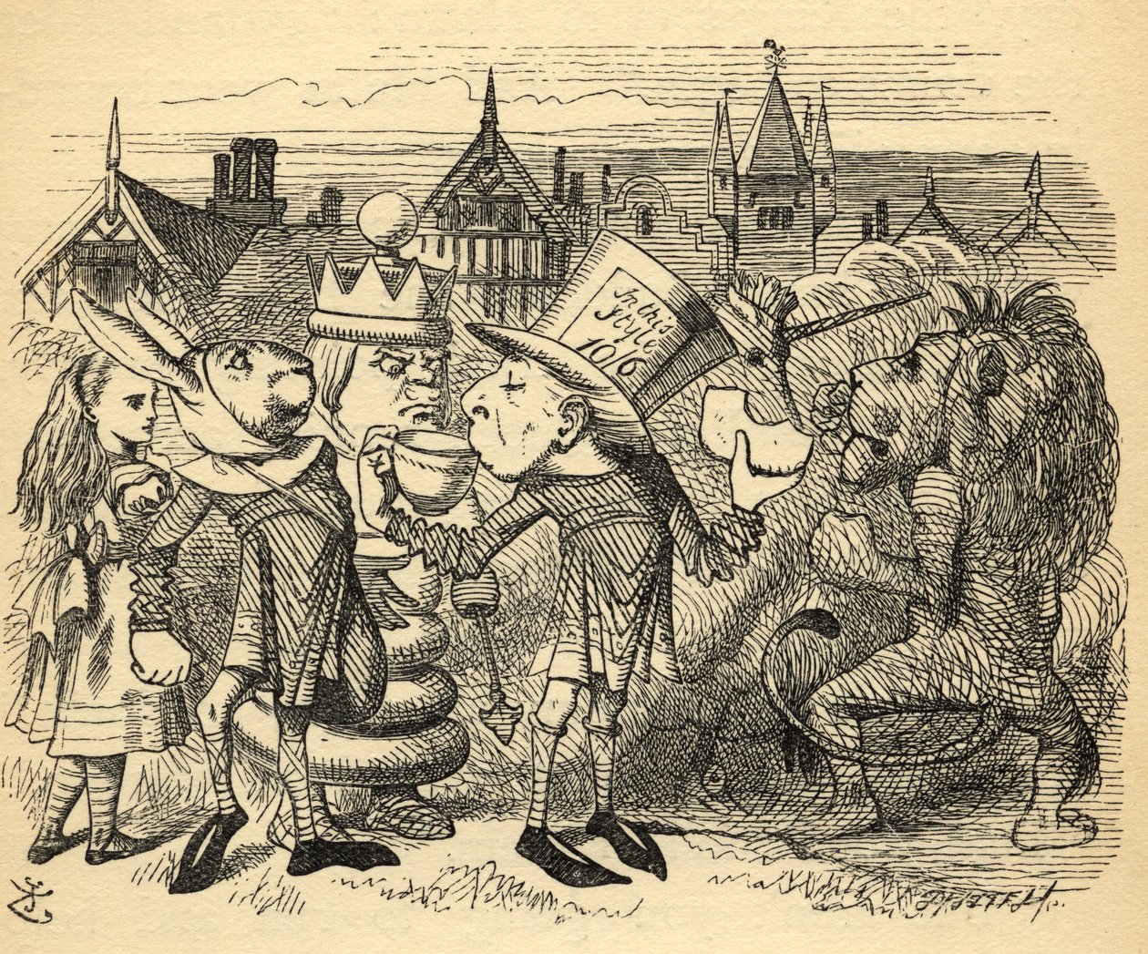 Mad Hatter و Hare و King و Alice ، رسم توضيحي من "خلال المرآة" بقلم لويس كارول (1832-1898) نشر لأول مرة عام 1871 بواسطة جون تينيل