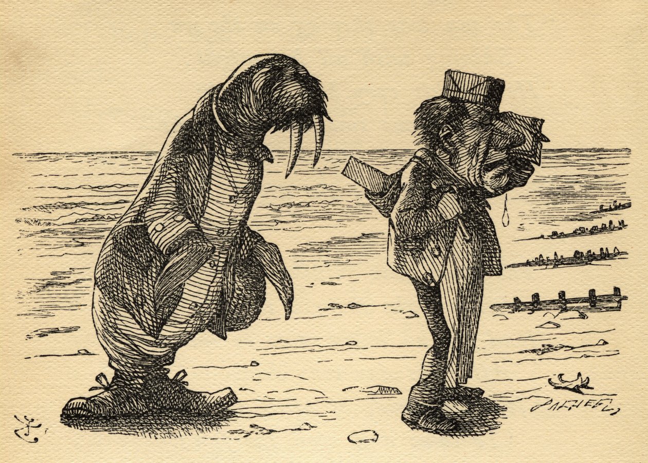 الفظ والنجار ، رسم توضيحي من "من خلال المرآة" بقلم لويس كارول (1832-1898) نشر لأول مرة عام 1871 بواسطة جون تينيل