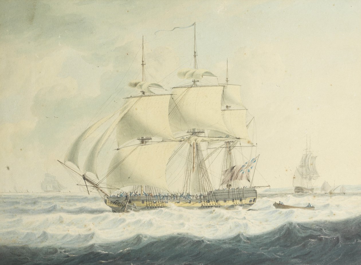 HMS Thisbe يجري عبر القناة تحت شراع أقل في الظروف المتقلبة ، مع شحنات أخرى مجاورة بواسطة جون توماس سيريس