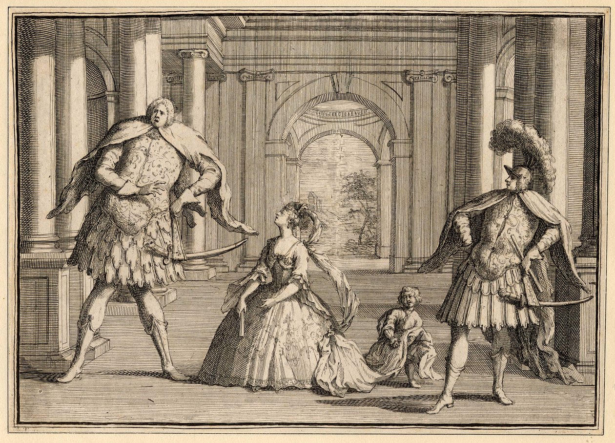رسم كاريكاتوري لأداء Handel&39;s Flavio ، ويضم Berenstadt في أقصى اليمين ، و السوبرانو فرانشيسكا كوزوني في الوسط و Senesino على اليسار بواسطة جون فاندربانك