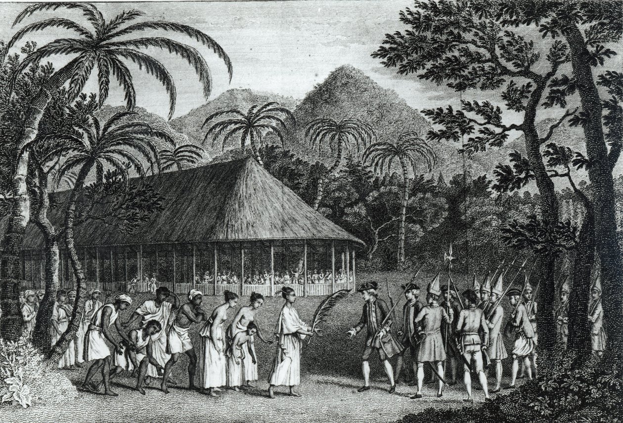 الكابتن صامويل واليس (1728-1830) تستقبله الملكة أوبيرا في جزيرة تاهيتي ، من رحلة إلى المحيط الهادئ بواسطة جيمس كوك (1728-79) منقوش بواسطة جون هول (1739-1797) (وزن الجسم) بواسطة جون ويبر