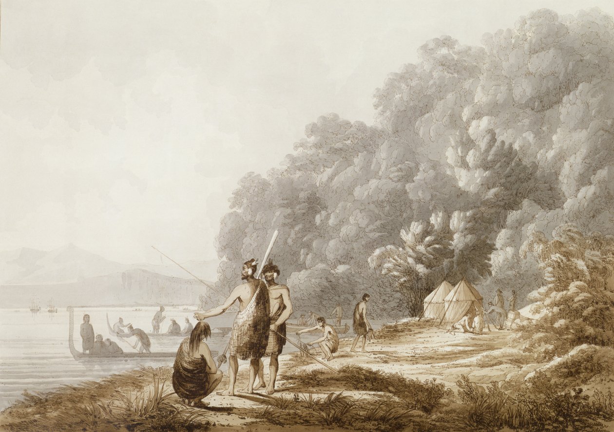 منظر في صوت الملكة شارلوت ، نيوزيلندا ، من الحانة "Views in the South Seas". 1790 بواسطة جون ويبر
