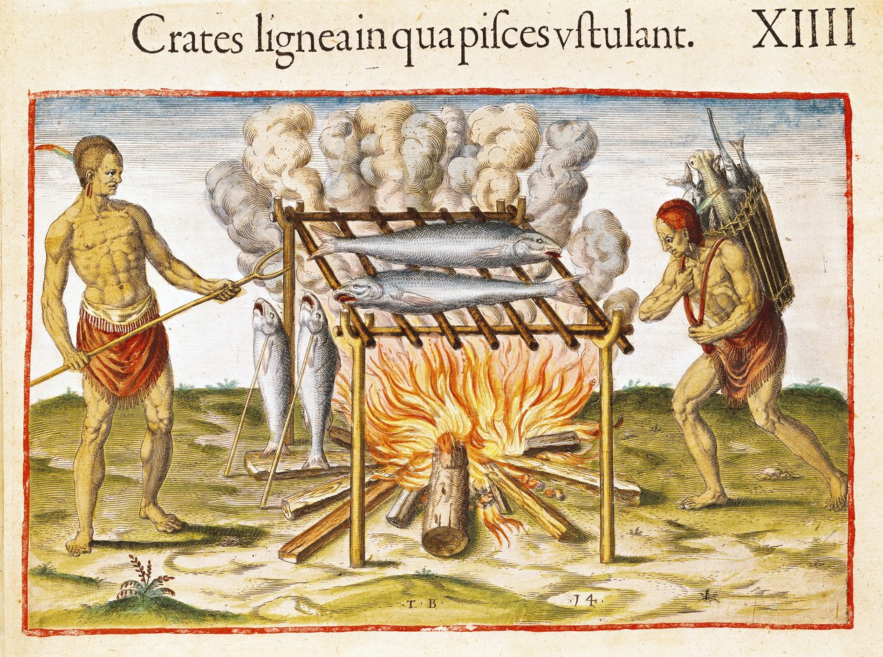 طبخ السمك ، من "Admiranda Narratio ..." ، منقوش بواسطة Theodore de Bry (1528-98) 1585-88 بواسطة جون وايت