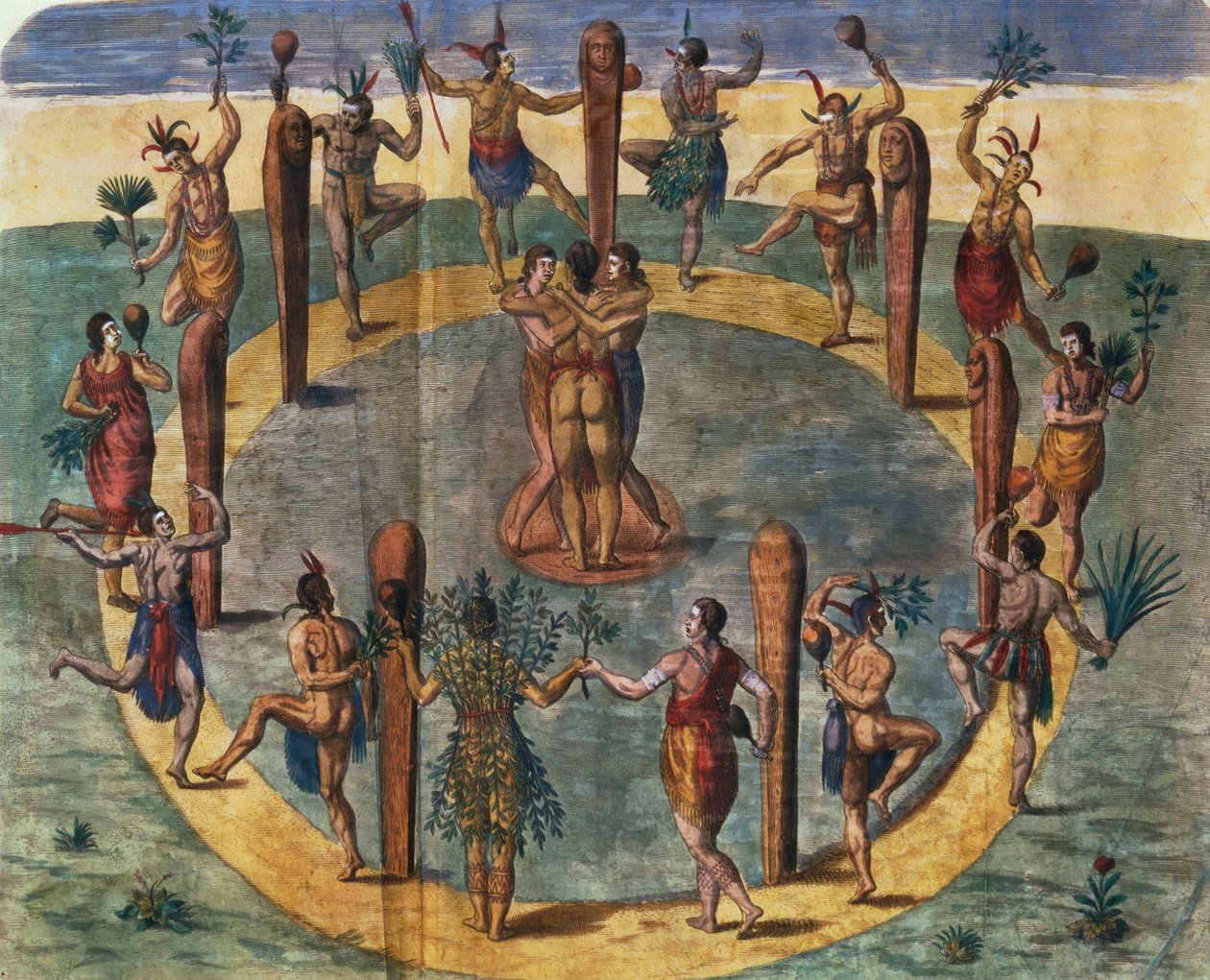 رقصة طقوس هندية من قرية سيكوتون ، رسم توضيحي ، c.1570-80 (انظر 87469) بواسطة جون وايت