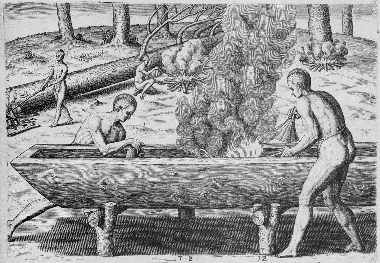 هنود يصنعون الزوارق ، من &39;Admiranda Narratio&39; ، منقوش بواسطة Theodor de Bry (1528-1598) 1590 بواسطة جون وايت