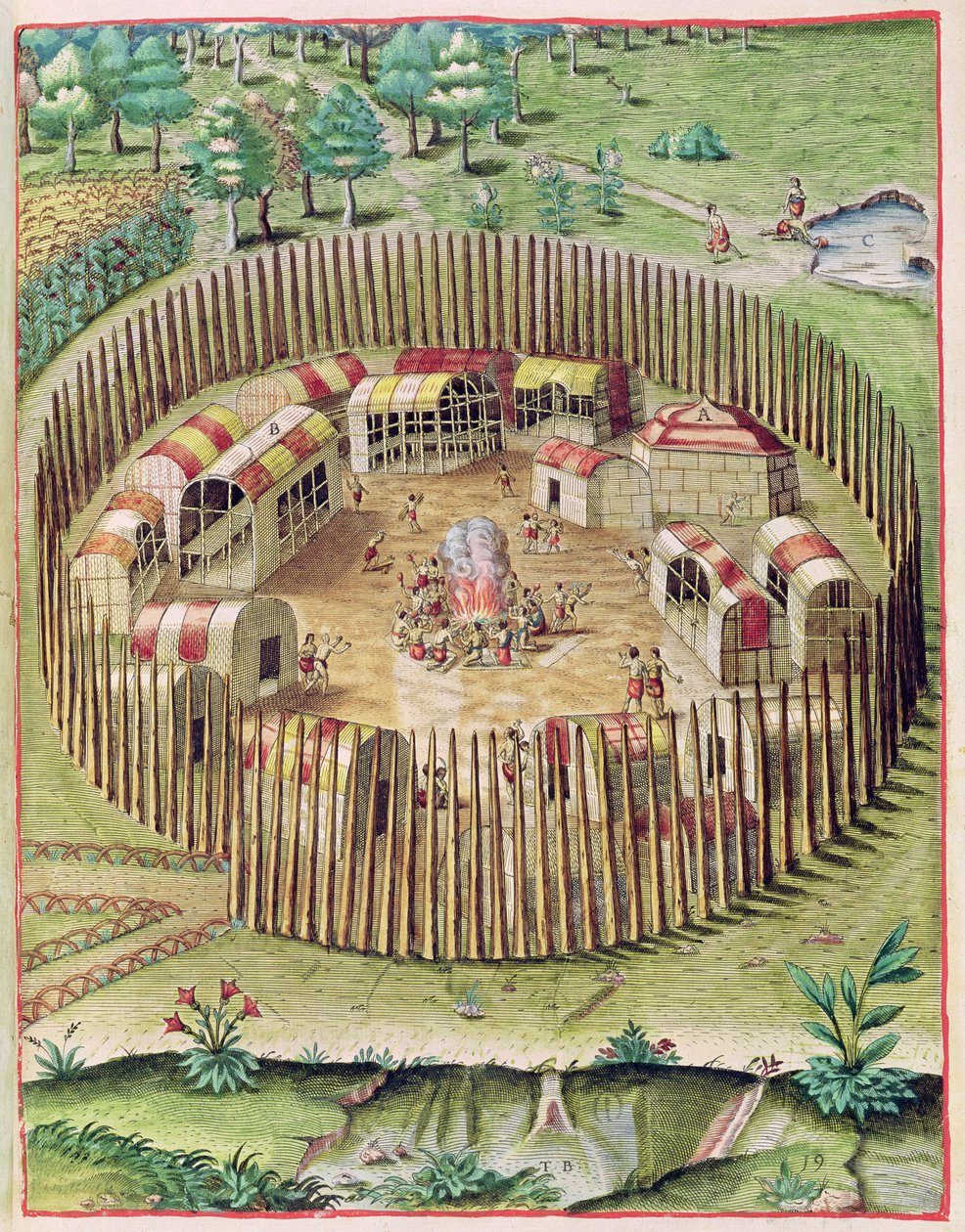 مدينة Pomeiooc المحصنة ، من "Admiranda Narratio .." ، محفورة بواسطة Theodore de Bry (1528-98) 1585-88 بواسطة جون وايت