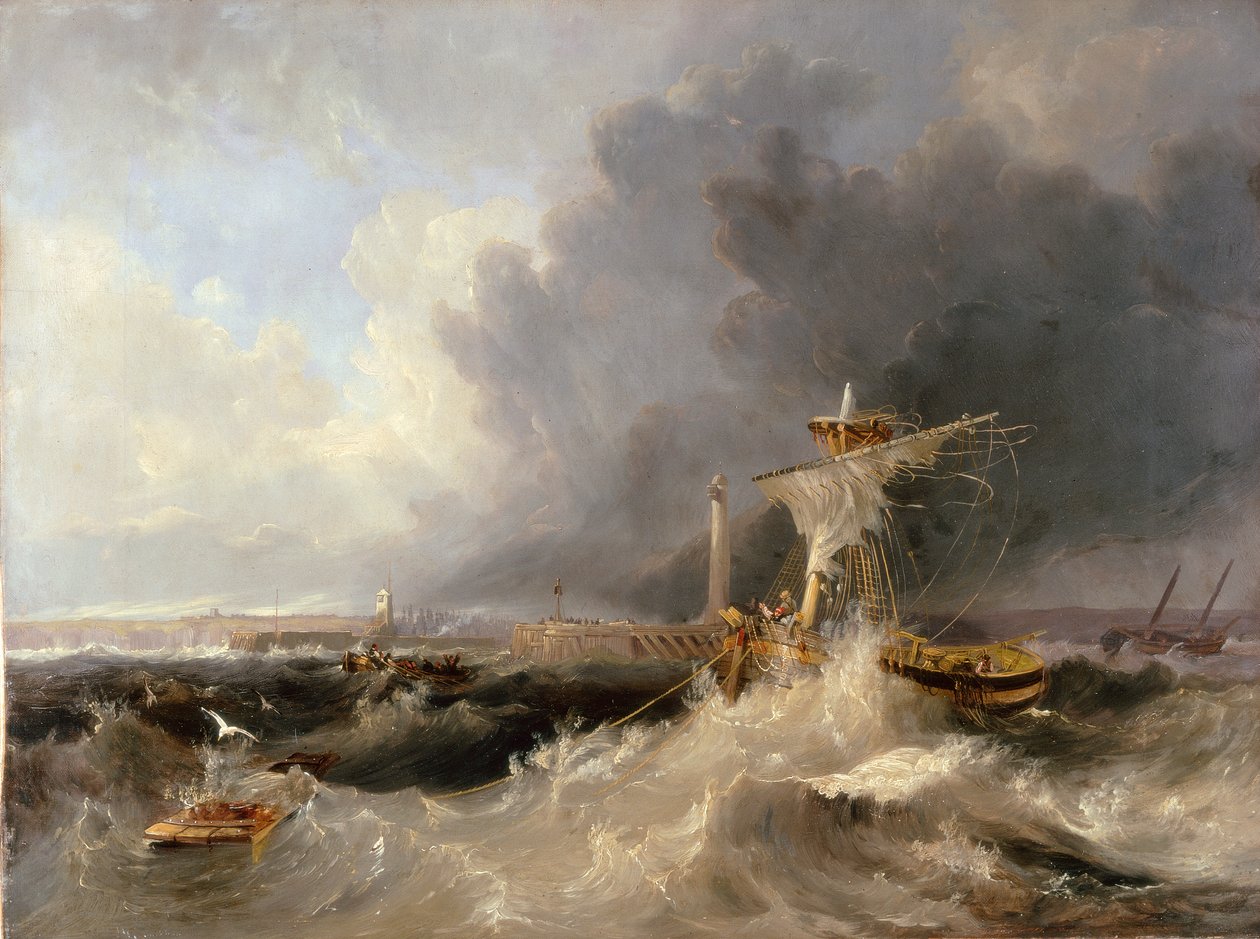 رصيف سندرلاند القديم والمنارة مع كنيسة Ryhope في المسافة ، 1840 بواسطة جون ويلسون كارمايكل