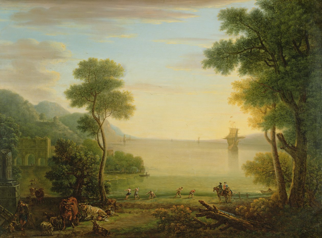 المناظر الطبيعية الكلاسيكية مع الأشكال والحيوانات ، الغروب ، 1754 بواسطة جون ووتون