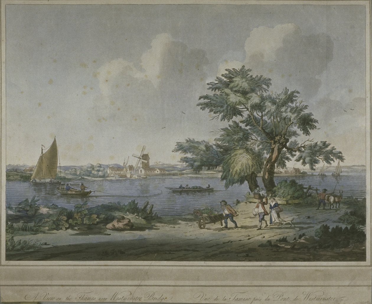 منظر لأشكال نقل الخضروات على طول ضفة نهر التايمز ، 1787 (أكواتنت) بواسطة جون الأكبر كليفيلي