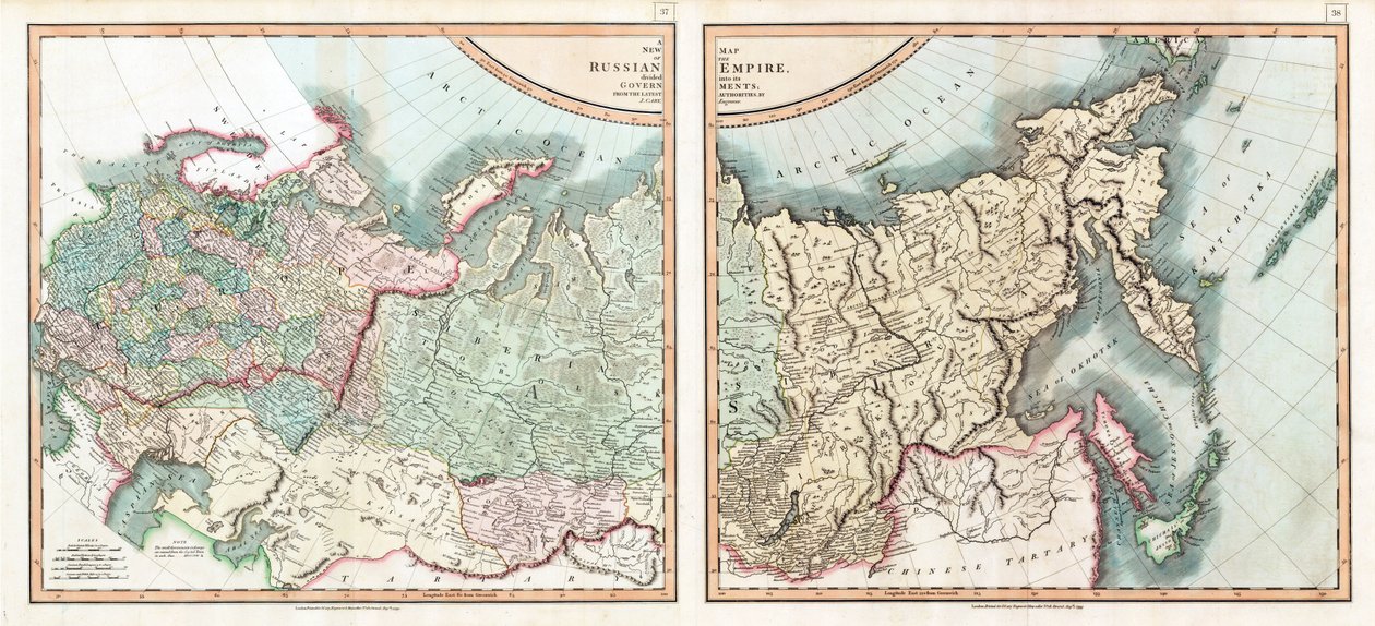 خريطة الإمبراطورية الروسية مقسمة إلى حكوماتها مثل كاري جون (1754-1835). النقش والألوان المائية بواسطة جون (بعد) كاري