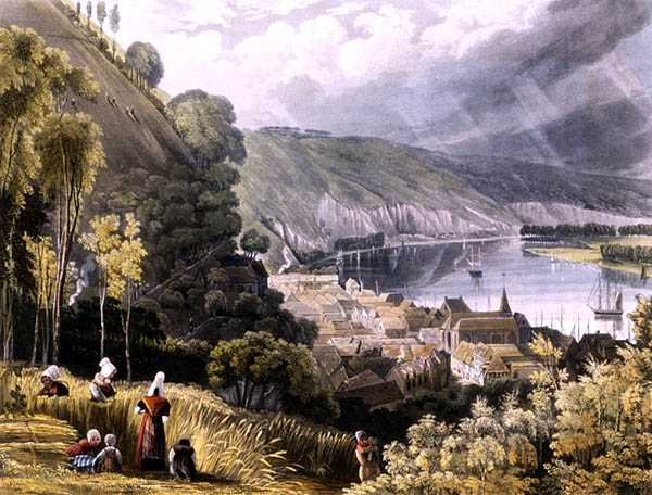La Bouille ، من "مناظر على نهر السين" ، نقش بواسطة دانييل هافيل (1785-1826) نشره آر. أكرمان (1764-1834) 1821 (ليثو ملون) بواسطة جون (بعد) جيندال