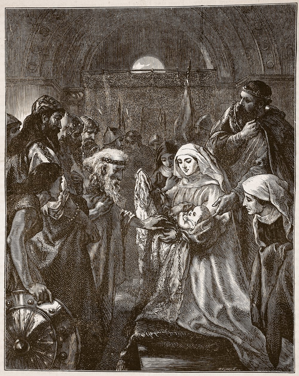 إدوارد يقدم ابنه الرضيع إلى ويلز ، رسم توضيحي من "تاريخ كاسيل المصور لإنجلترا" (نقش) (صورة بني داكن) بواسطة جون (بعد) جيلبرت