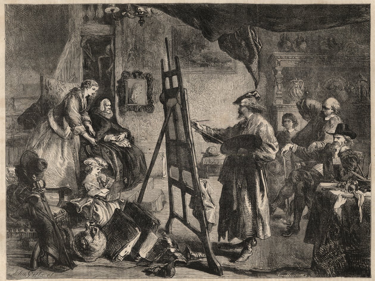 The STUDIO OF REMBRANDT - نقش بعد رسم J. Gilbert - l'atelier de Rembrandt Harmenszoon van Rijn (1606-1669) - نقش لجون جيلبرت (1817-1897) بواسطة جون (بعد) جيلبرت