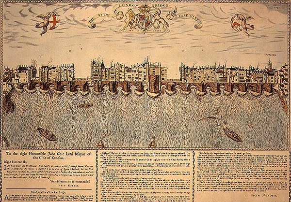 منظر جسر لندن من الشرق إلى الغرب ، أعيد طبع نقش عام 1624 بواسطة يوحنا (بعد) الشمال