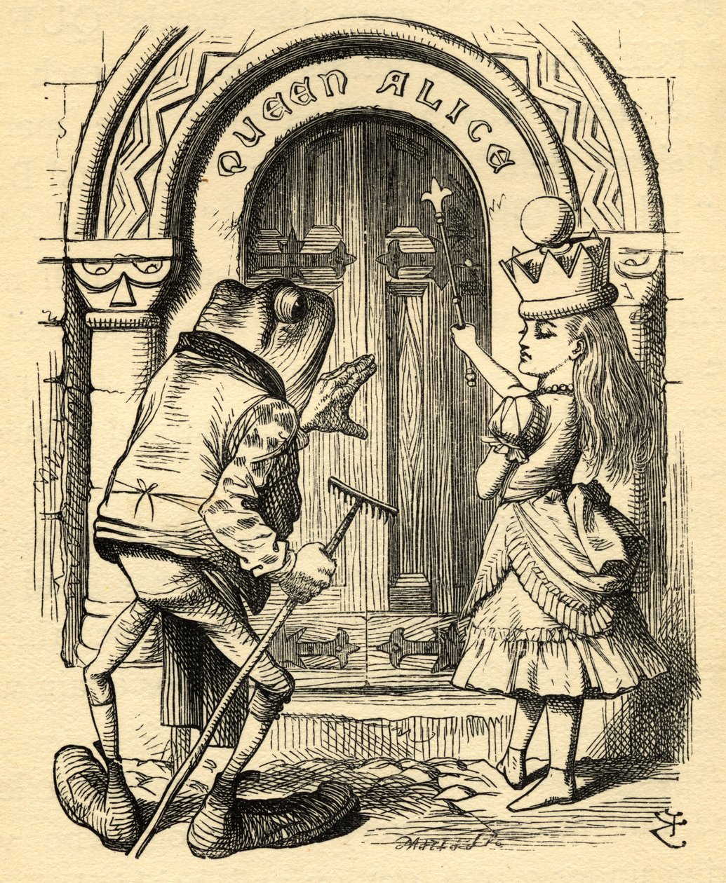 Alice and the Frog ، رسم توضيحي من `` Through the Looking Glass '' بقلم لويس كارول (1832-98) نُشر لأول مرة عام 1871 (litho) بواسطة جون (بعد) تينيل