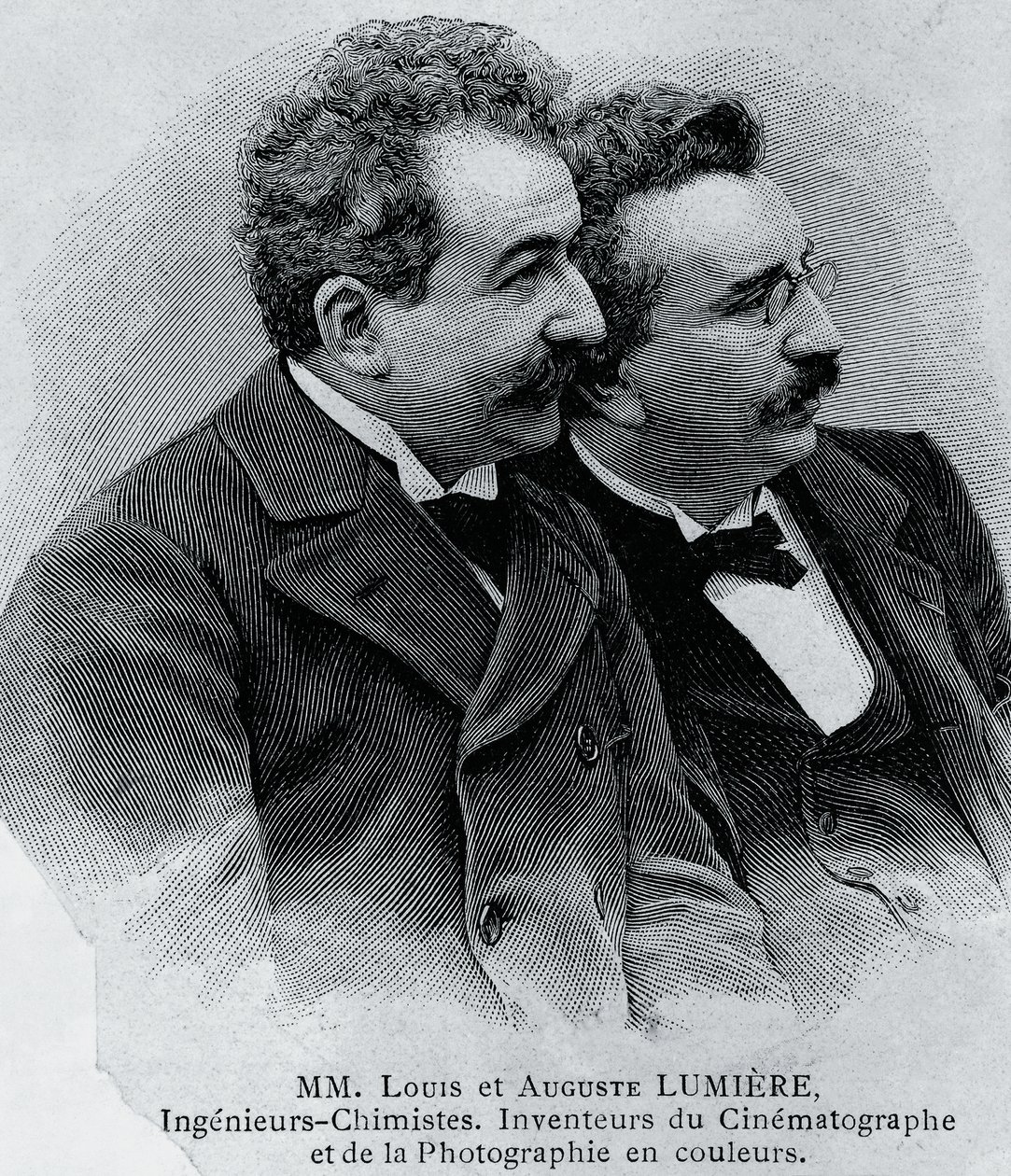 صورة لأوغست ماري لويس نيكولا لوميير (1862-1954) ولويس جان لوميير (1864-1948) ، رواد الأعمال الفرنسيون ومخترعو جهاز عرض الأفلام ، نقش من الصورة بواسطة والتر تشارلز ميلز