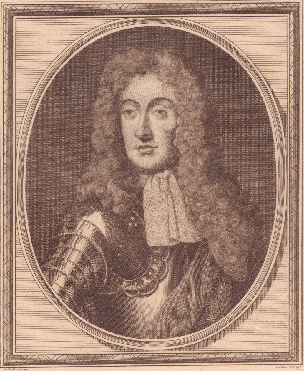 صورة لجيمس الثاني ملك إنجلترا (1633-1701) ، نقش على النحاس بواسطة جون جولدار (1729-1795) من اللوحة التي رسمها جي كنيلر بواسطة والتر تشارلز ميلز