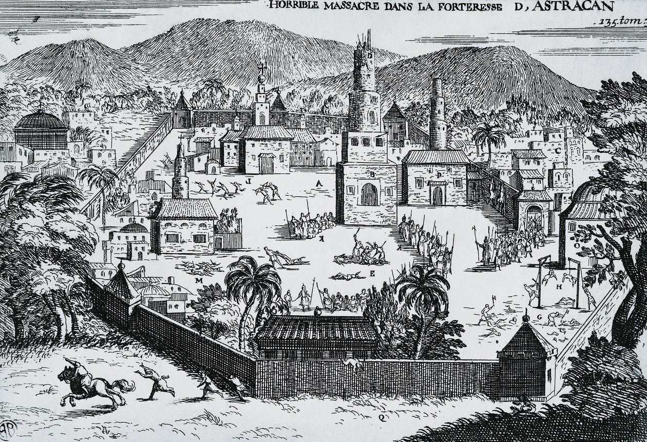 قام القوزاق بقيادة ستيبان رازين بمهاجمة قلعة أستراخان عام 1670 ، روسيا بواسطة والتر تشارلز ميلز