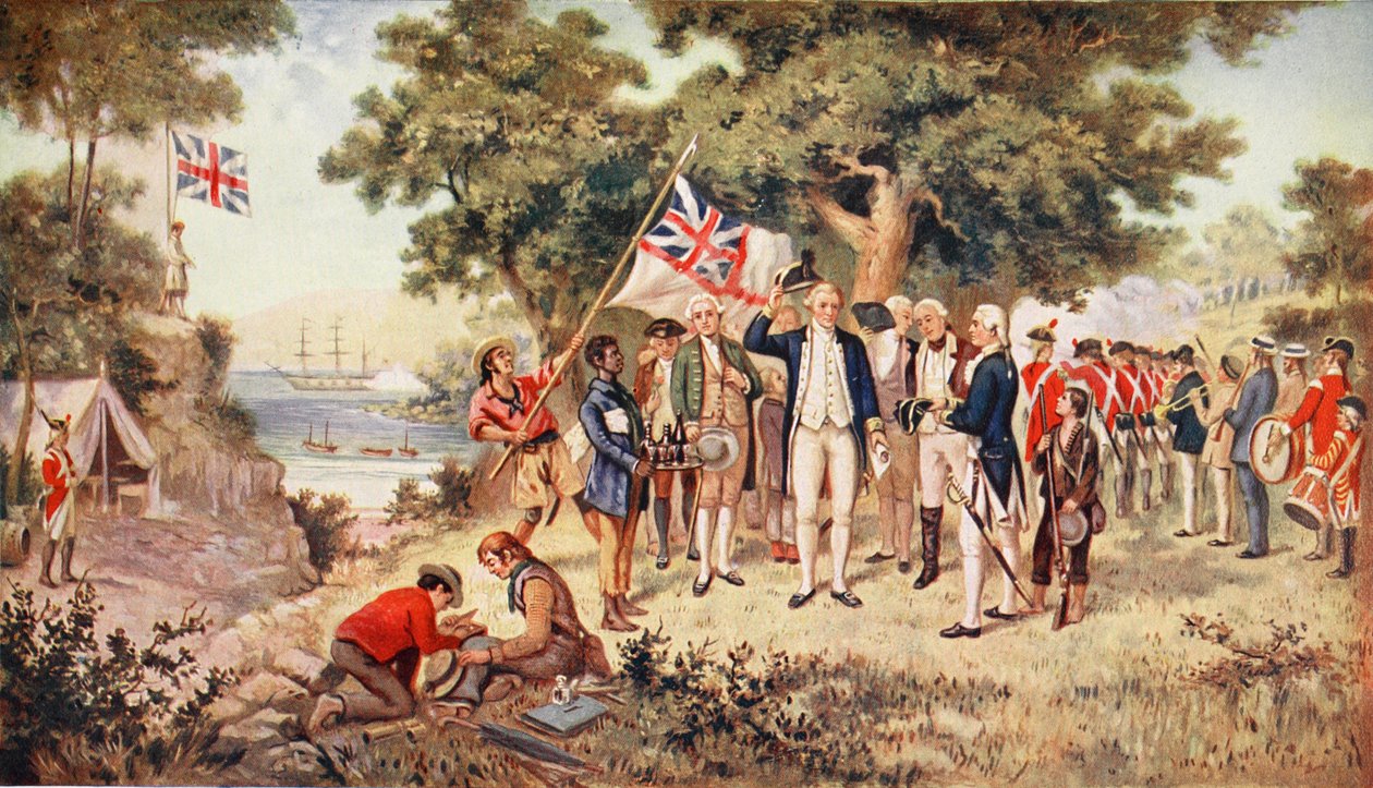 الكابتن كوك يستحوذ على نيو ساوث ويلز ، 1770 ، رسم توضيحي من "قصة هتشنسون للأمة البريطانية" ، ج .1923 بواسطة جون ألكسندر جيلفيلان