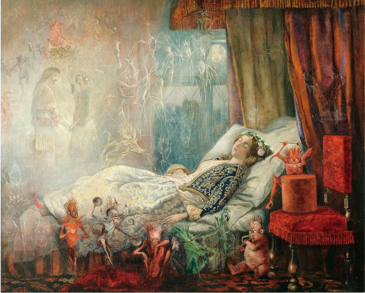 "Le reve apres le bal masque" (الحلم بعد الكرة المقنعة) Peinture de John Anster Fitzgerald (1832-1906) - ألوان زيتية على قماش ، 35،5x44،5 - مجموعة خاصة بواسطة جون أنستر فيتزجيرالد
