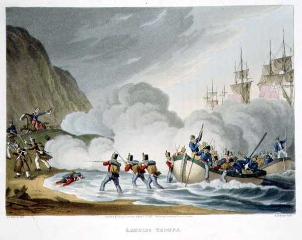 قوات الإنزال ، نقشها ماثيو دوبورج (من 1813 إلى 20) من "الحكايات التاريخية والعسكرية والبحرية" ، حانة. بواسطة إدوارد أورم (1774 - 1820) 1817 (أكواتينت) بواسطة جون أوغسطس (بعد) أتكينسون