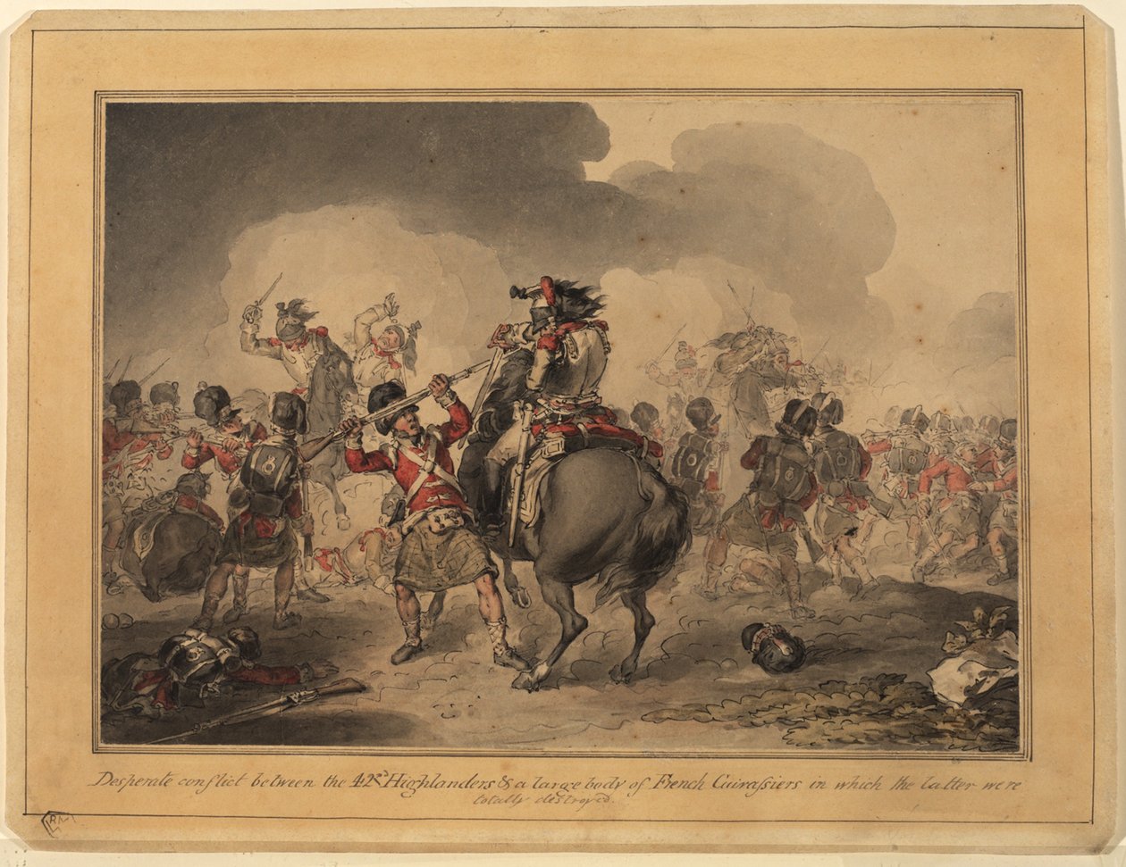 42nd Highlanders at Waterloo، 1815 (قلم جاف وحبر على ورق) بواسطة جون أوغستوس أتكينسون