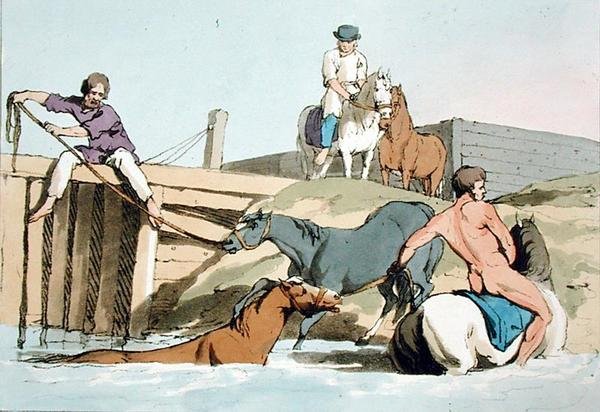 خيول الاستحمام ، التي حفرها الفنان ، نُشرت عام 1803 (لون ليثو) بواسطة جون أوغستوس أتكينسون