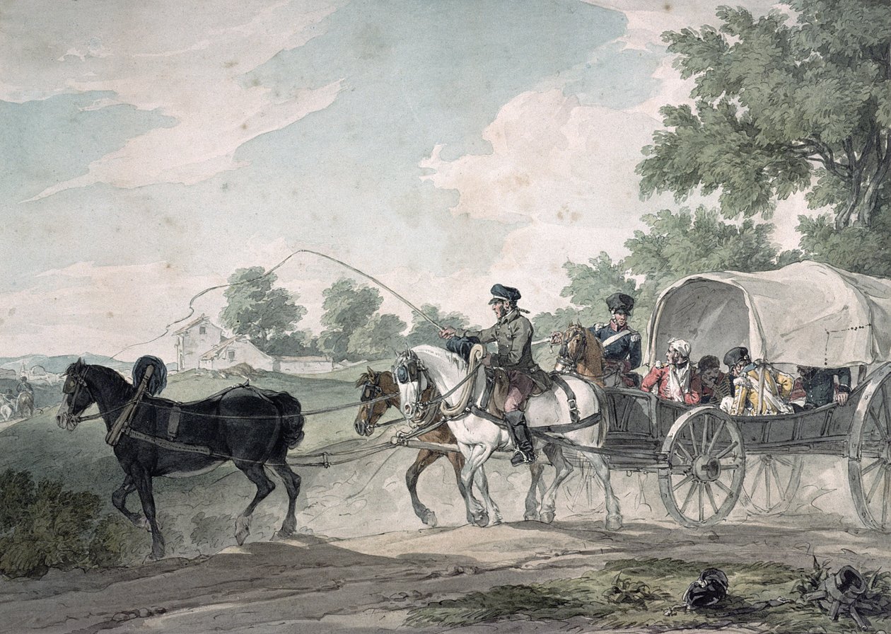 عربة بلجيكية تنقل الجرحى من الميدان بعد معركة واترلو ، 1815 بواسطة جون أوغستوس أتكينسون