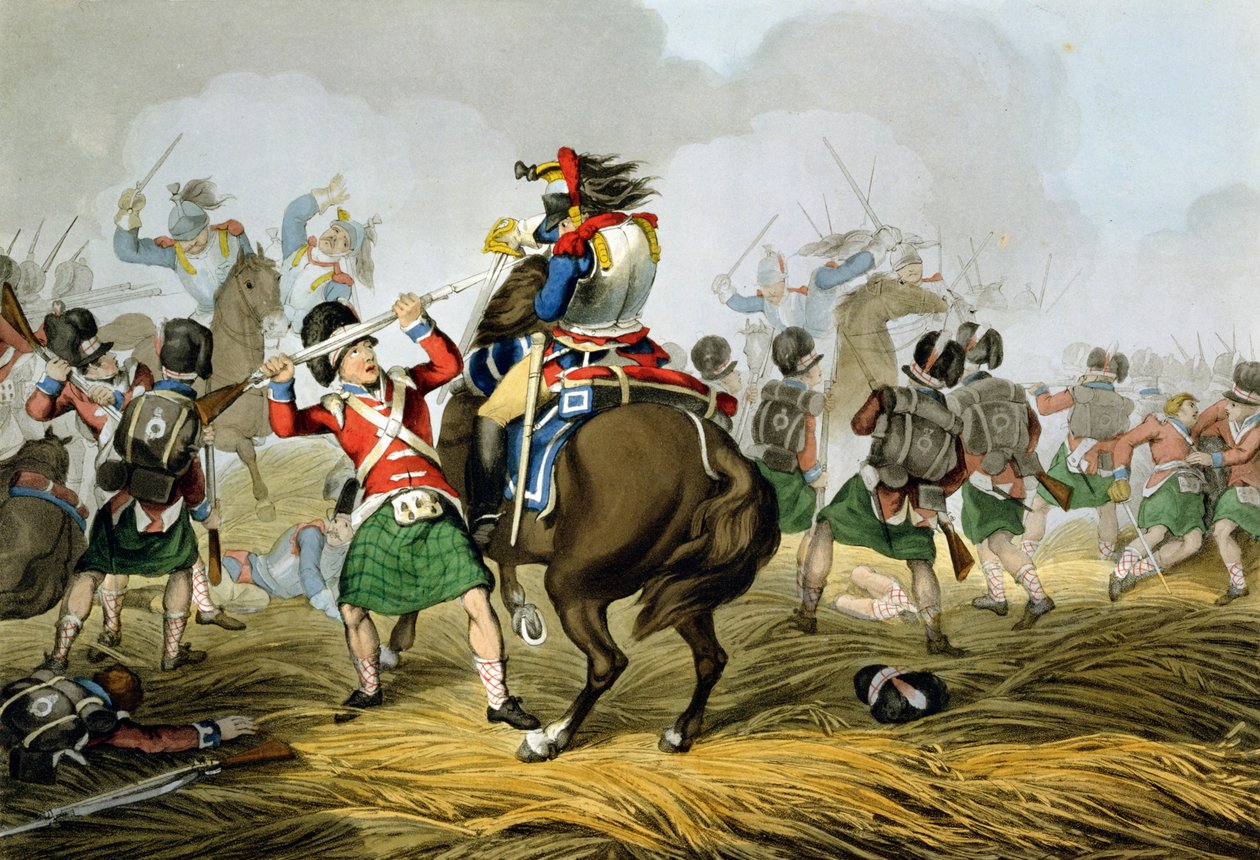 Cuirassiers الفرنسية في معركة واترلو ، اتهمها هايلاندز وسكوتيز غرايز وهزمها ، نقشها ماثيو دوبورج (fl.1813-20) من `` الحكايات التاريخية والعسكرية والبحرية &39;&39;. وداعا بواسطة جون أوغستوس أتكينسون