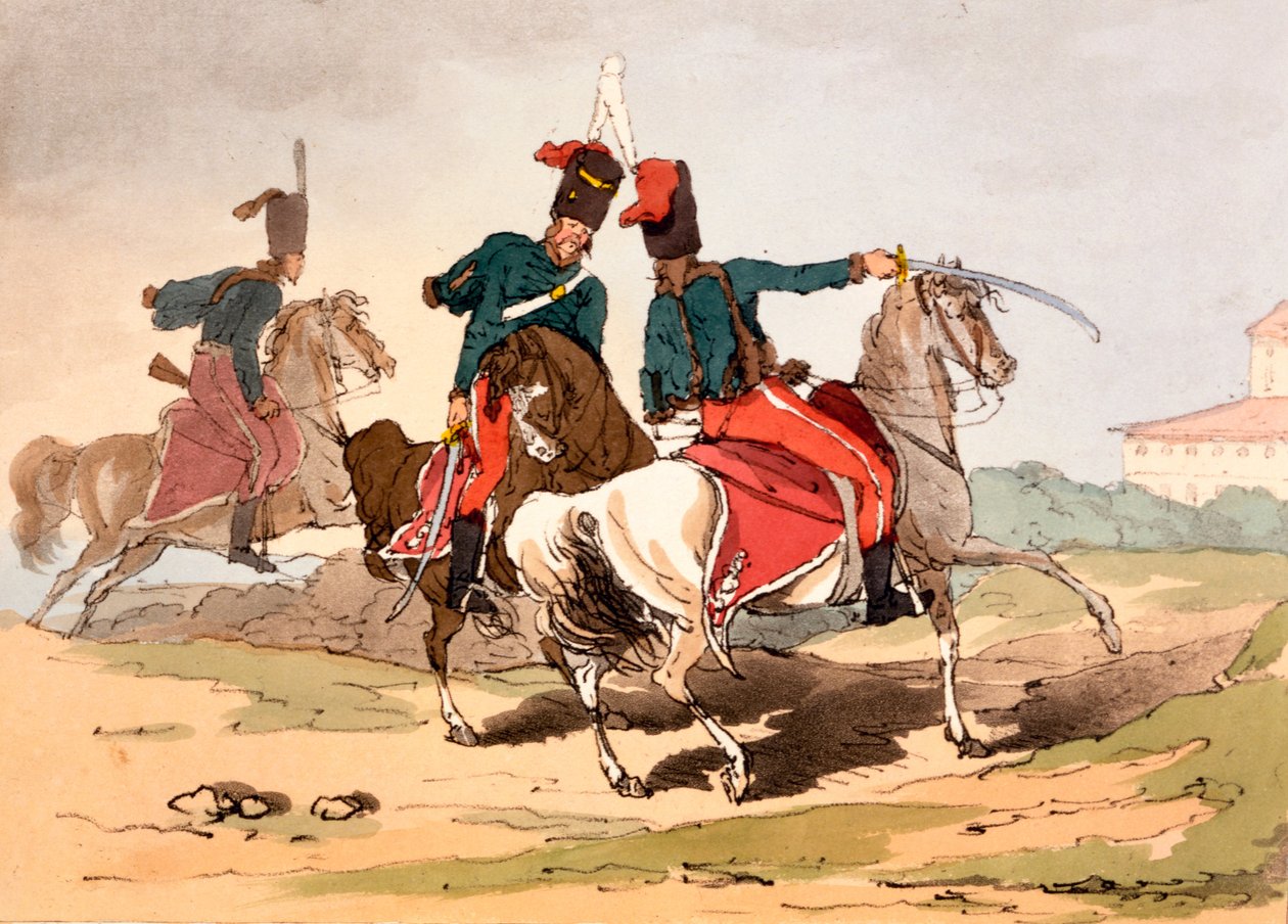 الفرسان في الزي الهنغاري ، التوضيح من `` The Manners، Customs und Amusements of the Russian &39;&39; لجيمس ووكر ، تم نشره 1803-4 (الحفر المائي) بواسطة جون أوغستوس أتكينسون