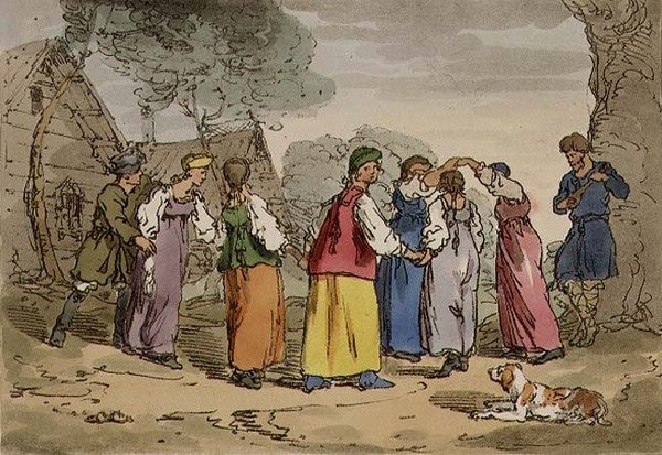 تسلية بالقرية ، اللوحة 82 من المجلد الثالث من "عادات الروس وعاداتهم وتسليةهم" ، نقشها الفنان ، حانة. 1804 (أكواتينت) بواسطة جون أوغستوس أتكينسون