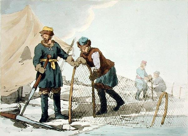 صيد الشتاء ، محفور بواسطة الفنان ، نُشر عام 1804 (لون ليثو) بواسطة جون أوغستوس أتكينسون