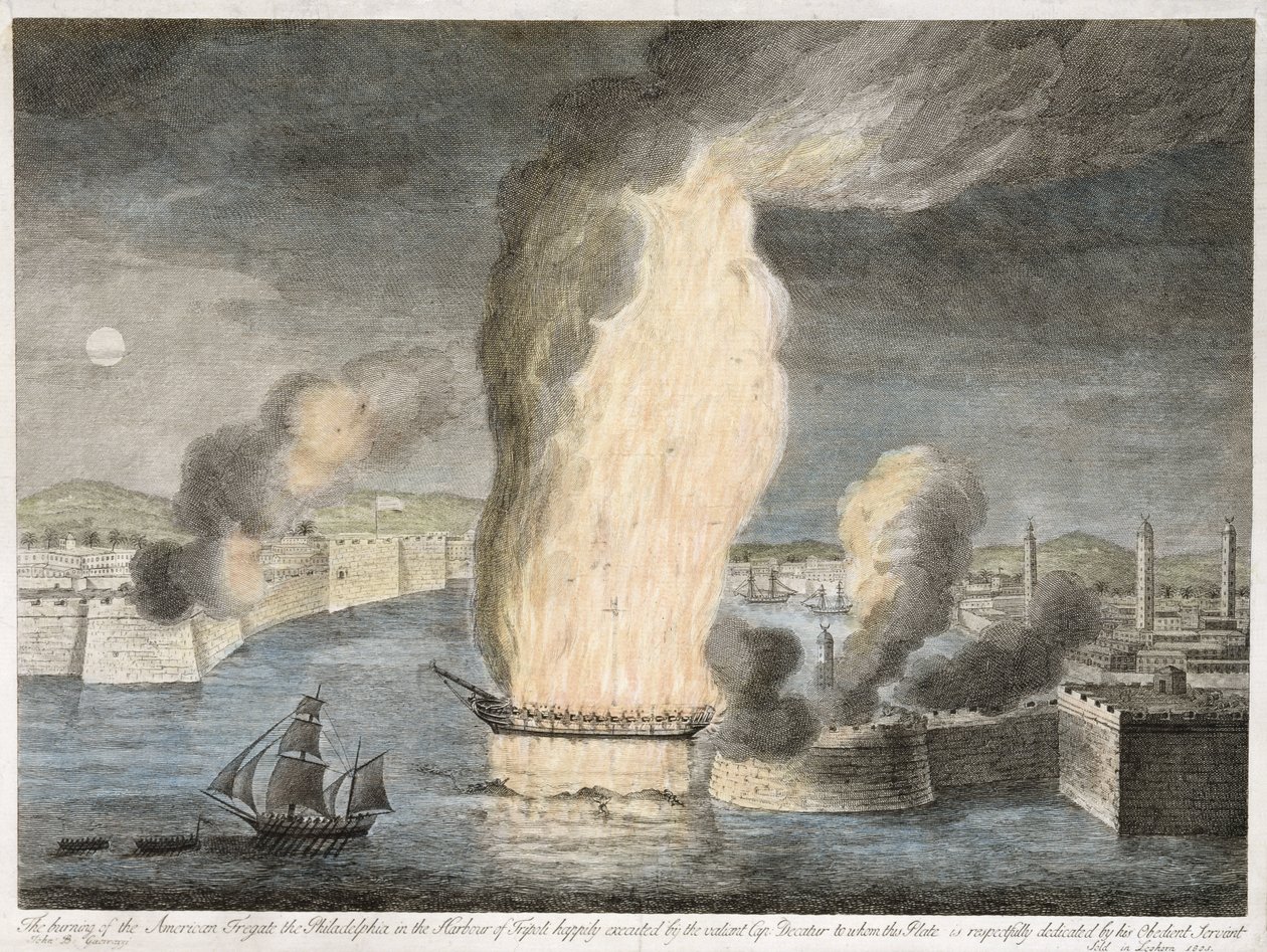 حرق الفريج الأمريكي [فيلادلفيا] فيلادلفيا في مرفأ طرابلس ، 1805 (نقش بخط ملون على ورق مسدود) بواسطة جون ب. جورازي