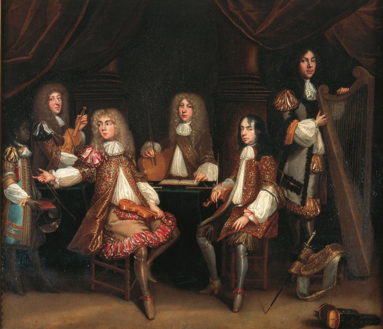 The Crimson Bedchamber, portrait group of gentlemen with musical instruments, traditionally said to depict the Cabal Ministry of King Charles II (oil on canvas) بواسطة جون بابتيست دي ميدينا