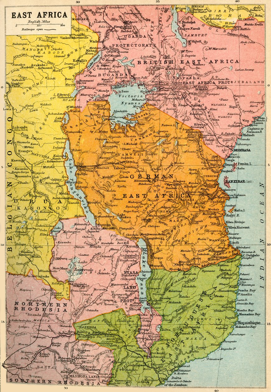 خريطة شرق أفريقيا ، الحرب العالمية الأولى ، c1920. بواسطة جون بارثولوميو وابنه
