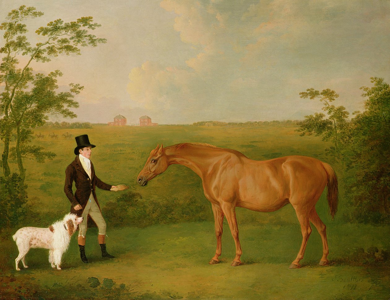 A Gentleman with a White Dog and a Chestnut Mare in a Landscape (oil on canvas) بواسطة جون بولتبي