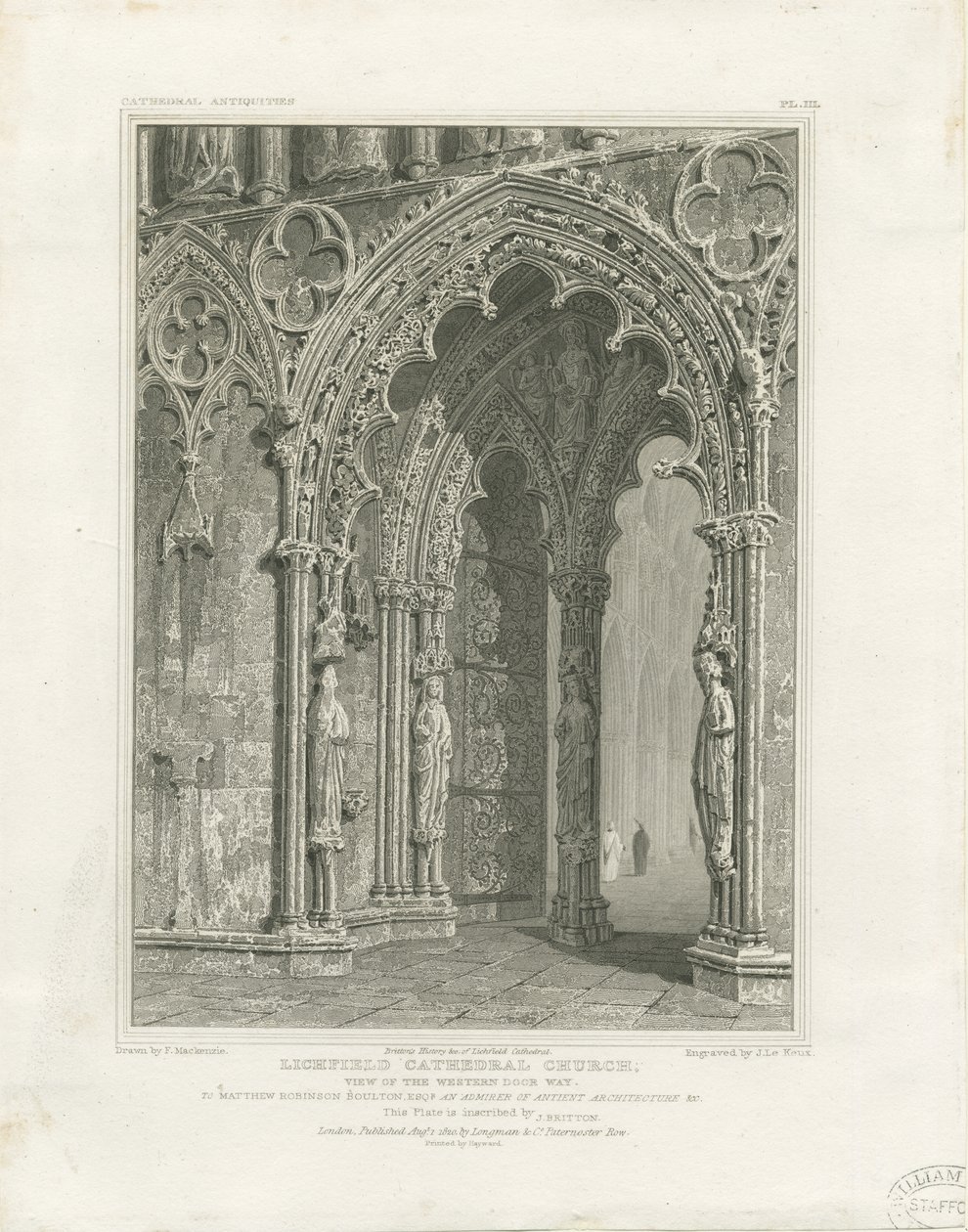 كاتدرائية ليتشفيلد - المدخل الغربي: engraving، nd [c 1820] بواسطة جون بريتون