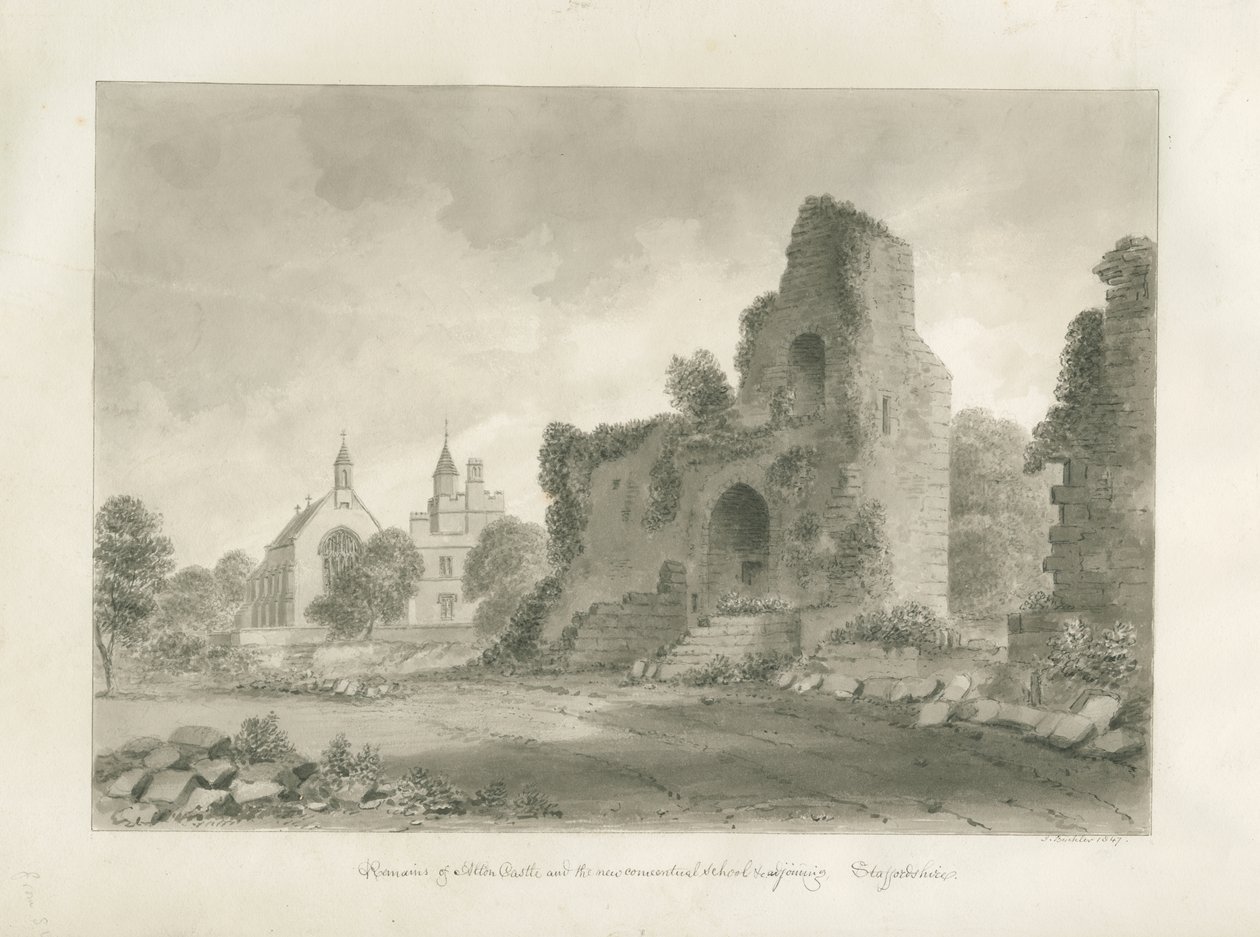قلعة ألتون و "مدرسة الدير الجديدة": رسم بني داكن ، 1847 بواسطة جون باكلر