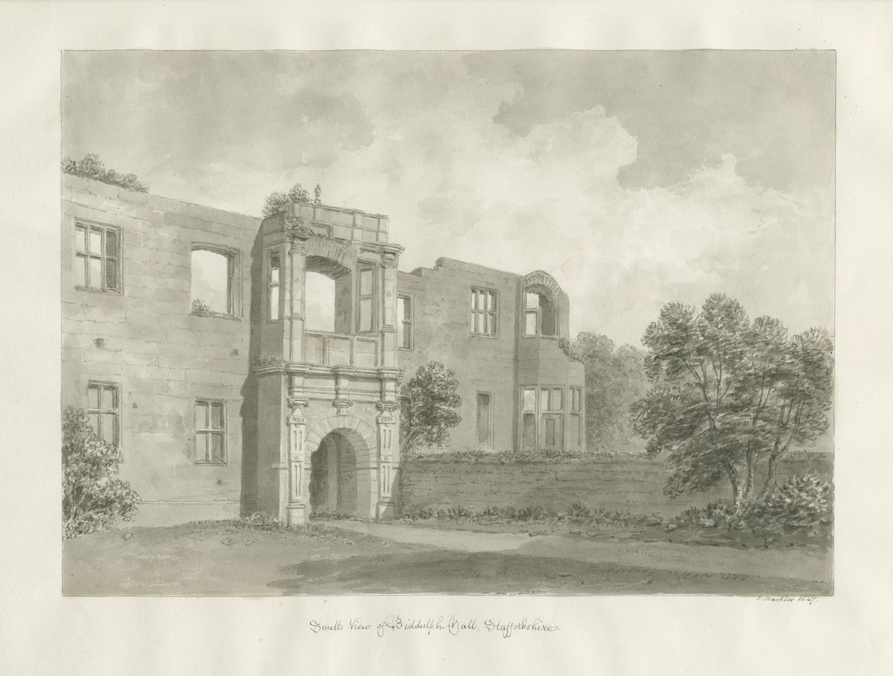 Biddulph Hall (old) : sepia drawing بواسطة جون باكلر