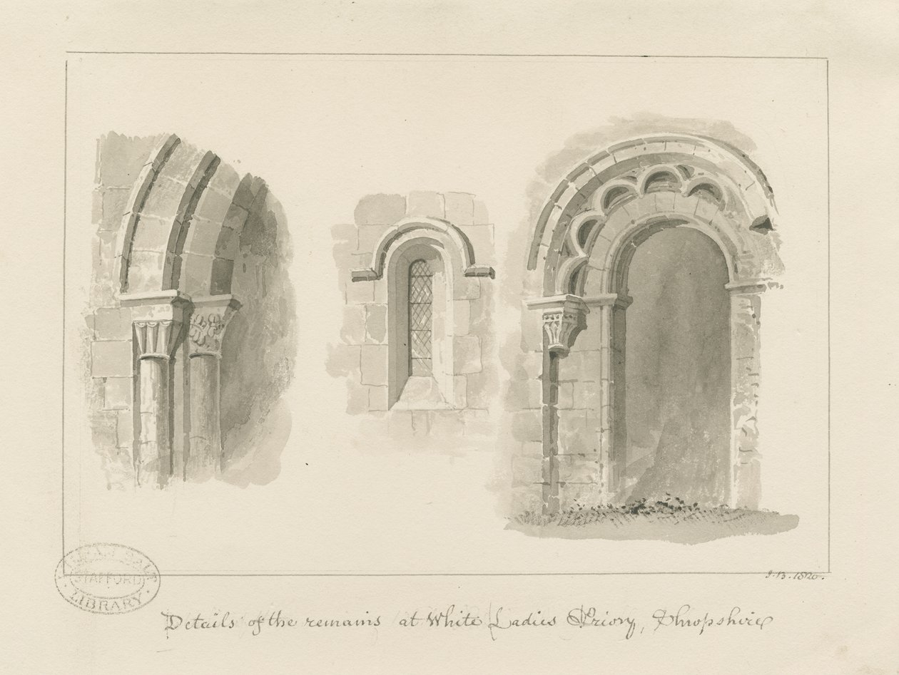 Brewood - Whiteladies Priory (Ruin): رسم بني داكن بواسطة جون باكلر